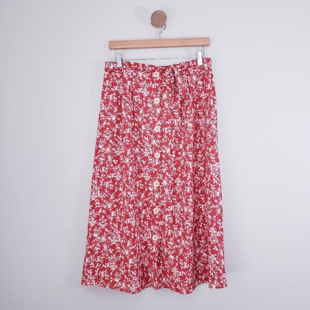 Perch by Blu Pepper Red Floral Midi Skirt Large Button Down Boho Cottagecore - Picture 2 of 11